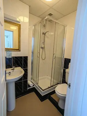 a bathroom with a shower and a toilet and a sink at Cardigan and Celtic Bay Guest House - Self Catering Accommodation in Aberystwyth