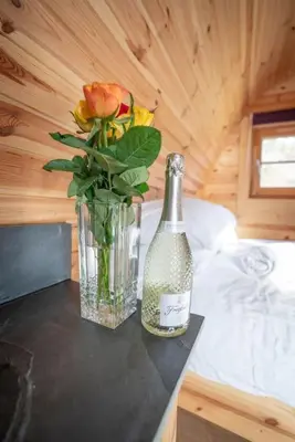 a bottle and a vase with flowers on a table at Ocean View with hot tub in Barmouth