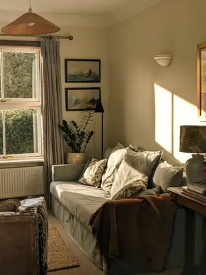 a living room with a couch and a window at Garden View Apartment in Oswestry