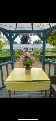 a yellow table with a potted plant on a gazebo at The Railway Carriage - Blue in Glasbury