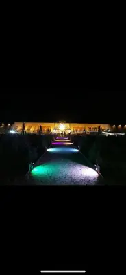 a pool of water at night with green lights at The Railway Carriage - Blue in Glasbury