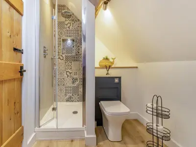 a bathroom with a toilet and a shower at Hares Hollow - Uk33953 in Llanymynech
