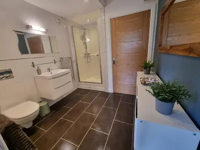 a bathroom with a toilet and a sink and a shower at 1-Bed Apartment - Sleeps 2 & Private Parking in Llansantffraid-ym-Mechain