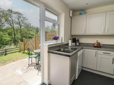 a kitchen with a sink and a patio at Nuthatch Cottage at Riverside Lodge in Rhayader