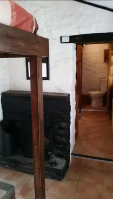 a room with a fireplace with a toilet in it at Fisherman's Cottage in Aberystwyth