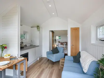 a living room with a blue couch and a table at Mini Lodge - Uk47682 in Montgomery