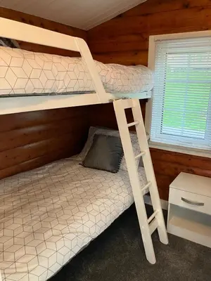 a bedroom with two bunk beds and a ladder at Snowdonia luxury log cabin in Trawsfynydd
