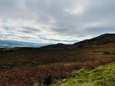 a view of a grassy hill with mountains in the background at Penrallt Bach in Blaenau-Ffestiniog