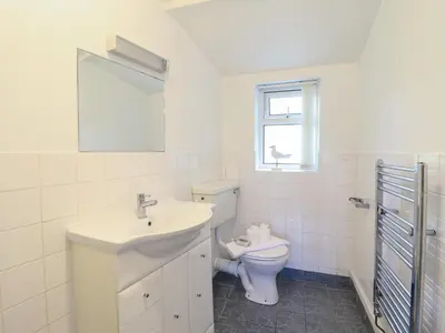 a white bathroom with a sink and a toilet at Bwthyn y Gwas in Tywyn
