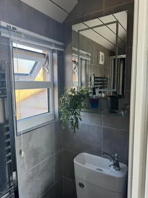 a bathroom with a sink and a mirror at Bay View shepherds hut with hot tub in Llanfair