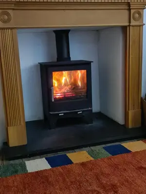 a fireplace with a stove in a living room at Georgian Terrace Town House in Mid Wales in Newtown