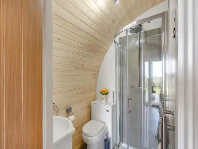 a bathroom with a toilet and a shower at Dyfi - Uk46064 in Llancynfelyn
