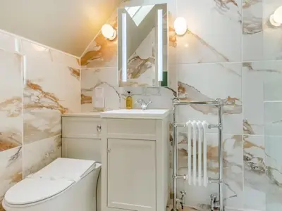 a bathroom with a toilet and a sink and a mirror at Private Lodge with Spa and Sauna in Shrewsbury