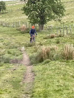 a person riding a bike down a dirt trail at Pantyronen tourer holidays in Llanbadarn-fynydd