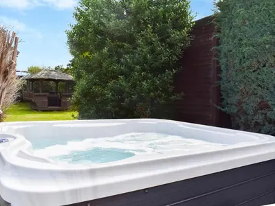 a bath tub filled with water in a yard at Tan Y Gaer in Aberystwyth