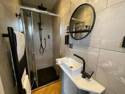 a bathroom with a shower and a sink and a mirror at Little Cottage of the Beacons in Brecon