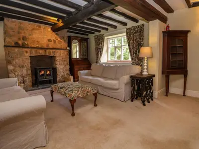a living room with a couch and a fireplace at New Hall in Wrexham