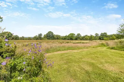 a path through a field with purple flowers at 1 Bed in Llwynygroes oc-y29714 in Llangeitho
