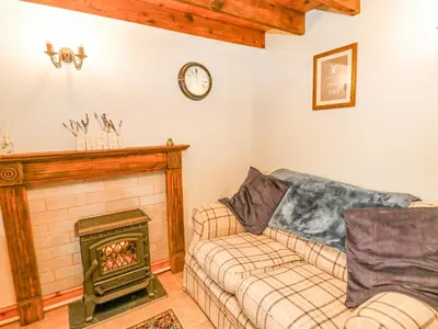 a living room with a fireplace and a couch at Ty Bach Twt in Llandysul