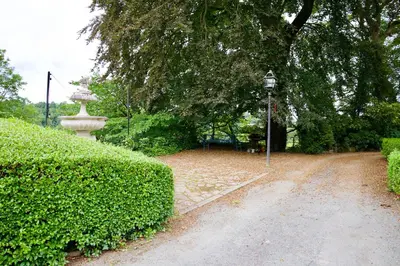 a walk way in a park with a large tree at Kestrel lodge in Wrexham