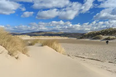 a person walking on the sand in the desert at Morwylfa Borth and Ynyslas in Borth