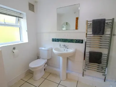a white bathroom with a toilet and a sink at Old Bricklayer's Arms in Bishops Castle
