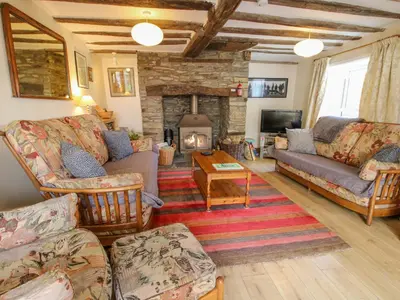 a living room with couches and a fireplace at Old Bricklayer's Arms in Bishops Castle