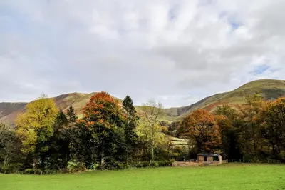 a cabin in a field with mountains in the background at Nant Gwenyn - Hafan Hideaways Eryri in Llanymawddwy