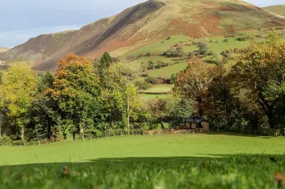 a green field with a mountain in the background at Nant Gwenyn - Hafan Hideaways Eryri in Llanymawddwy