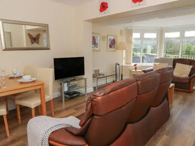 a living room with a leather couch and a television at Trem-Yr-Afon in Lampeter