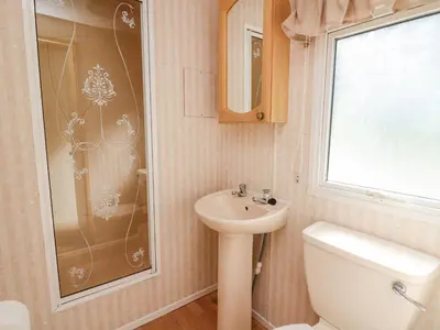a bathroom with a sink and a toilet and a shower at D12 Treetops in Aberystwyth
