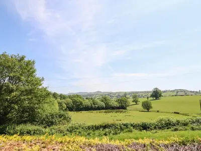 a field of green grass with trees in the background at Bryn Bras in Corwen