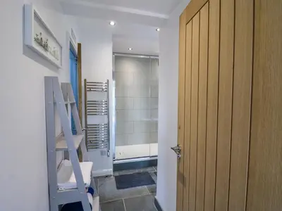 a bathroom with a wooden door and a ladder at 1 Gibraltar Terrace in Aberdyfi