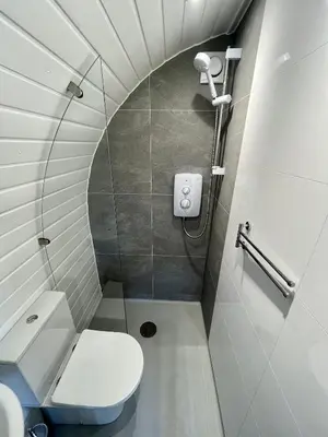 a bathroom with a toilet and a walk in shower at Y Fedwen in Llanwddyn