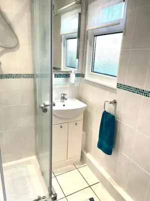 a bathroom with a sink and a shower at Chalet 8 The Woodlands in Tywyn
