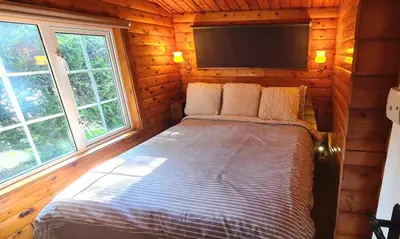 a bedroom with a bed in a log cabin at Cosy log cabin in Snowdonia 19 in Trawsfynydd