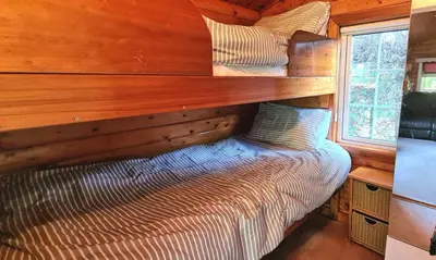 a bed in a room with a wooden wall at Cosy log cabin in Snowdonia 19 in Trawsfynydd