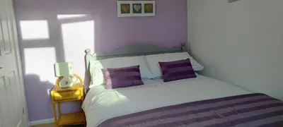 a bedroom with a bed with purple walls at Ludlow Mews Town House with Free parking in Ludlow