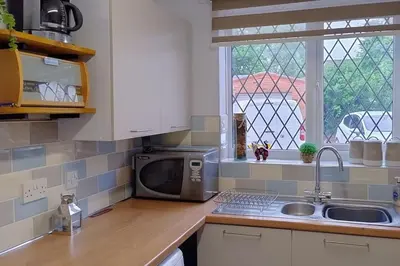 a kitchen with a microwave and a sink and a window at Ludlow Mews Town House with Free parking in Ludlow