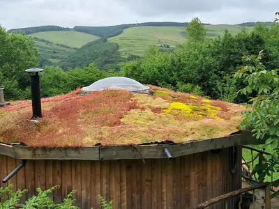 a grassy hill with a dome on top of it at Magical Offgrid Roundhouse in Eryri in Machynlleth