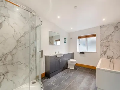 a bathroom with a shower and a toilet and a sink at Bodwennol in Aberdyfi