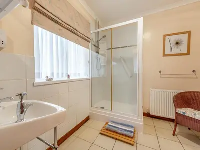 a bathroom with a tub and a sink and a shower at Snowdrop in Llanerch-Aeron