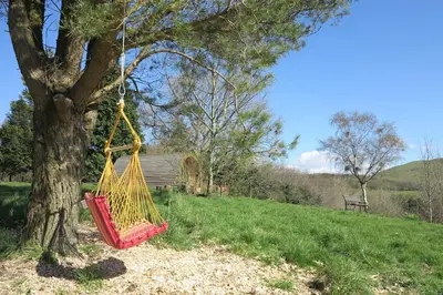 a red swing hanging from a tree in a field at Ty Barcud Glamping Pod in Aberystwyth