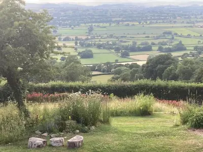 a view of a field with trees and grass at Trinity Cottage in Welshpool
