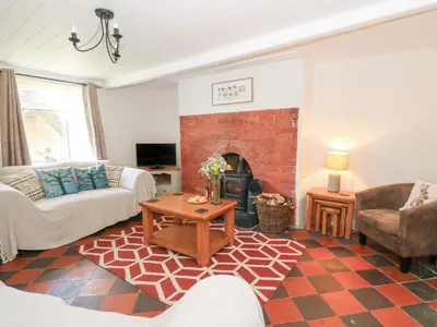 a living room with a couch and a fireplace at Pengraig in Tregaron