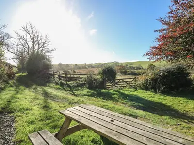 a wooden bench in a field with a fence at Pengraig in Tregaron