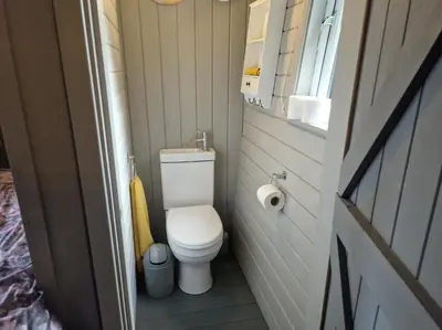 a small bathroom with a toilet and a window at Glan yr Afon Dau - Relax Recuperate Hot Tub in Welshpool