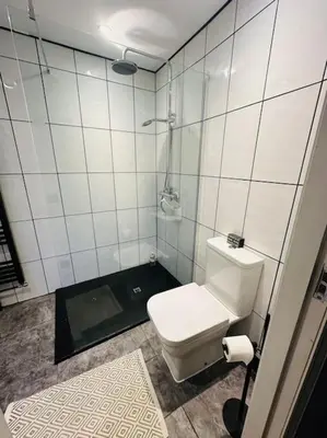 a bathroom with a toilet and a tiled wall at Love Lane Cottage Dolgellau in Dolgellau