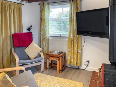 a living room with a chair and a flat screen tv at The Hideaway in Tregaron
