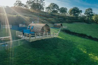 an aerial view of a yurt in a field at Knighton by Wigwam Holidays in Knighton